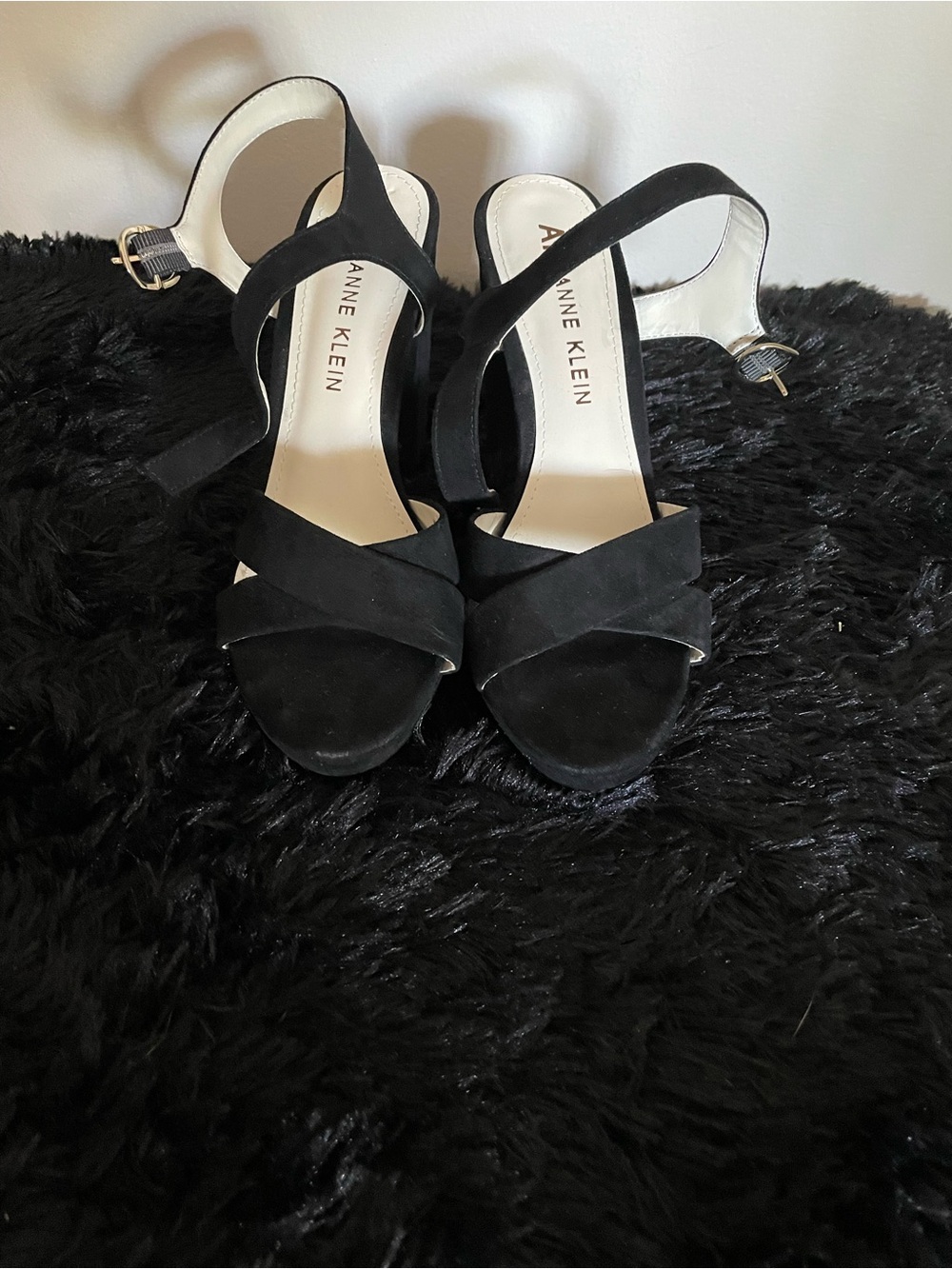 Anne Klein Black Suede Strappy Block Heel Sandals